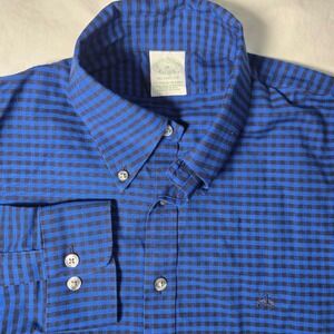Brooks Brothers Milano Fit Shirt Mens Medium Blue Black Gingham Non-Iron Stretch